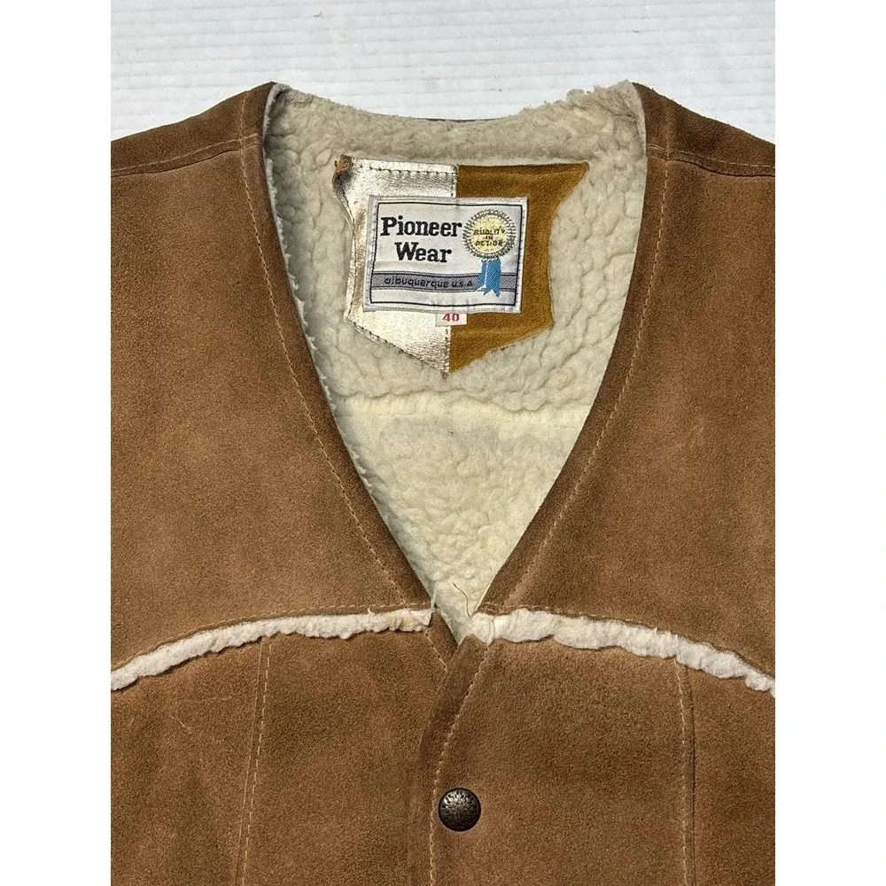 Vintage‎ Pioneer Wear Suede Leather Shearling Lined Vest Brown Western Snap 40